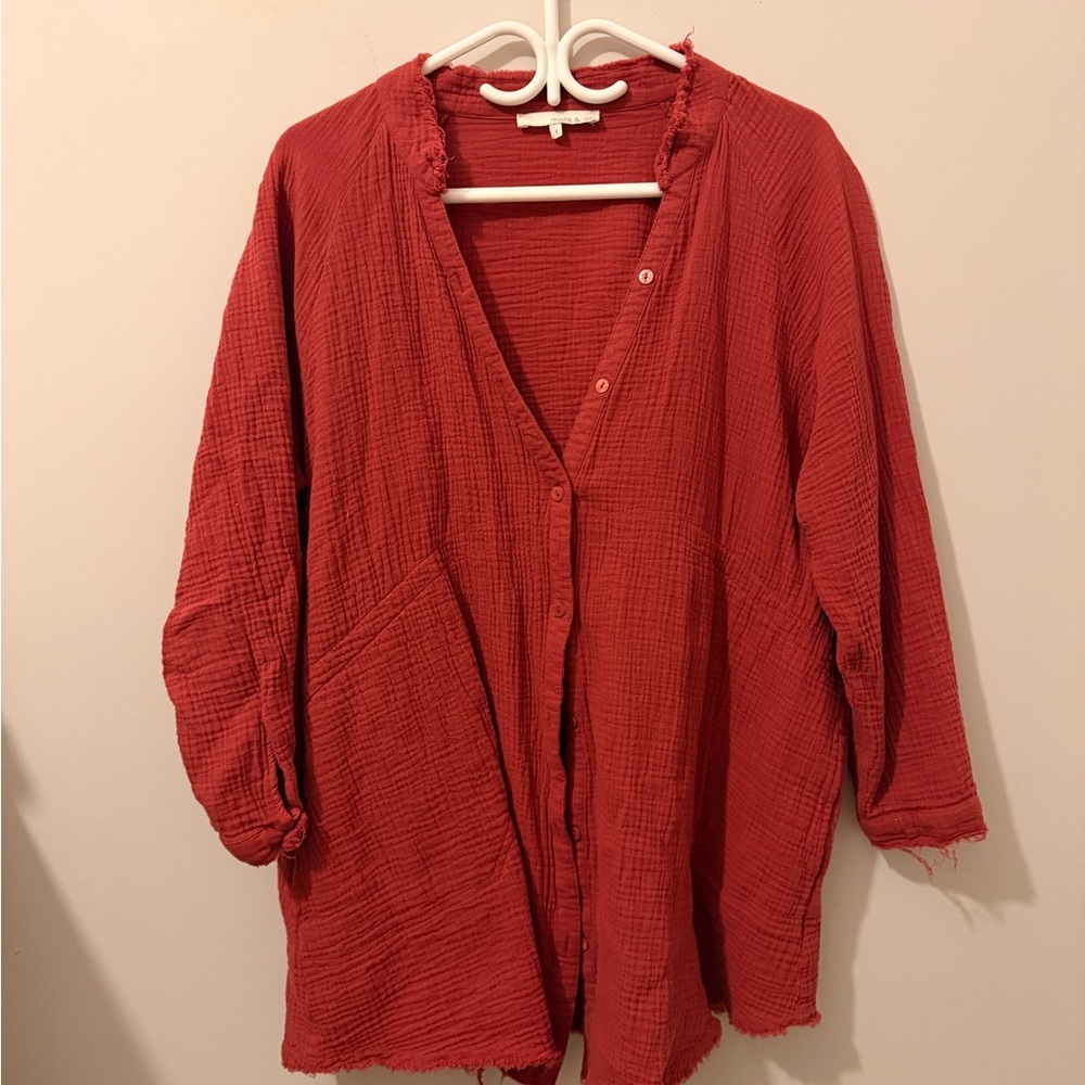 Monk & Lou - Women's Red Muslin collarless Button Down Shirt